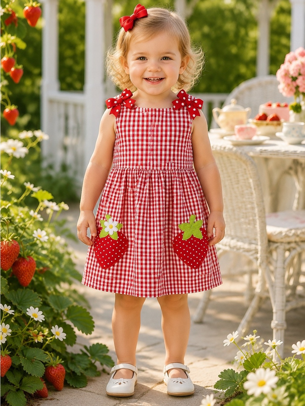 Rare Editions Girls 2T Red Gingham Strawberry Dress Hair Bow EUC